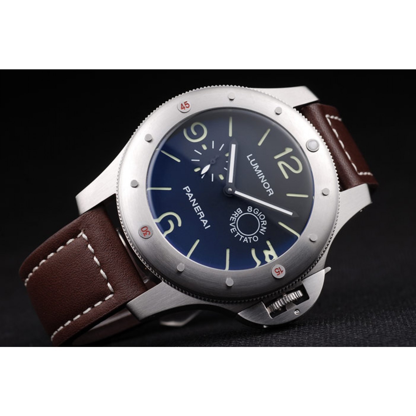 MiroTime Panerai Luminor Brushed Stainless Steel Case Black Dial Dark Brown Leather Strap