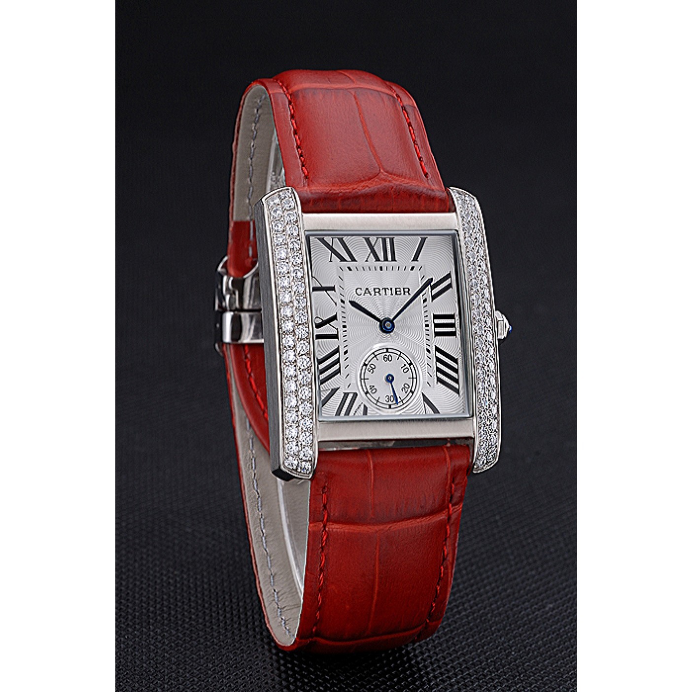MiroTime Cartier Tank MC Stainless Steel Diamond Case White Dial Red Leather Strap 622173