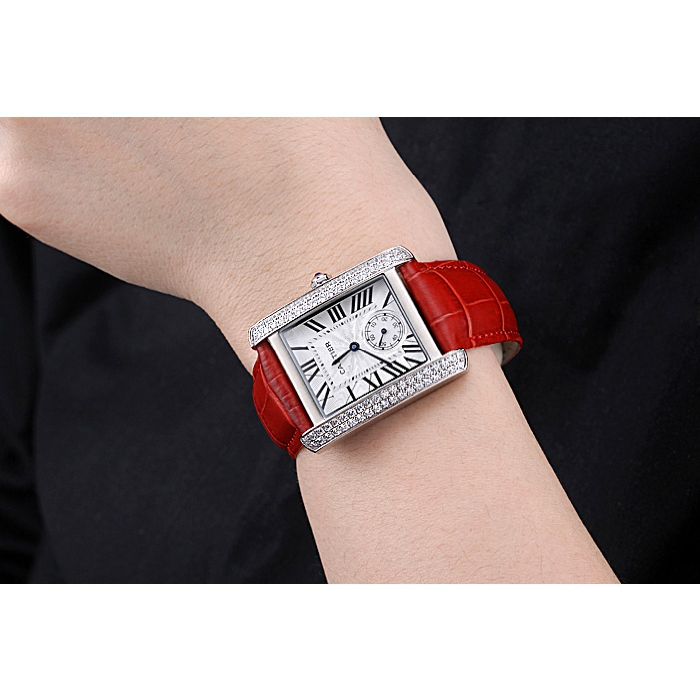 MiroTime Cartier Tank MC Stainless Steel Diamond Case White Dial Red Leather Strap 622173