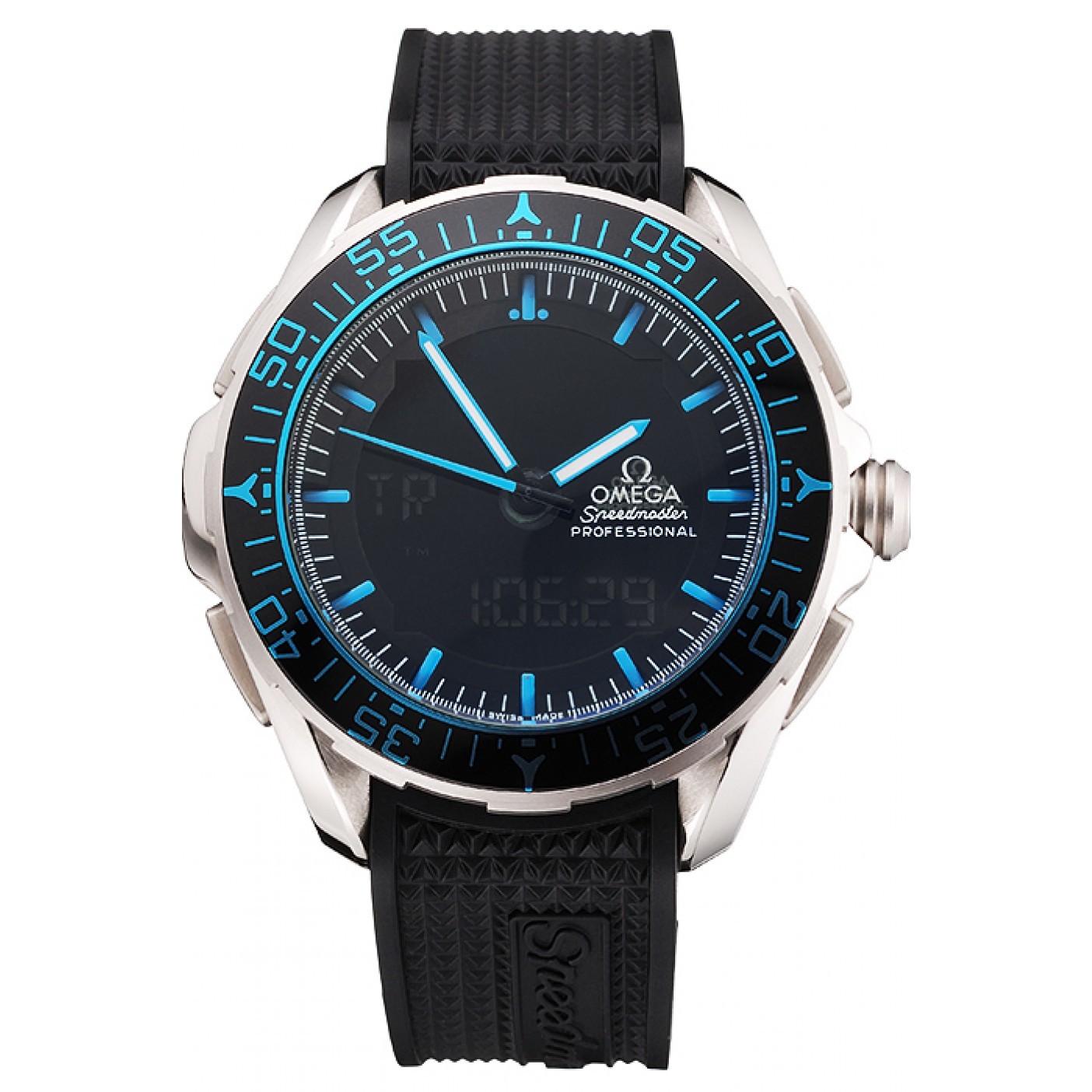 MiroTime Omega Speedmaster Skywalker X-33 Black Dial Blue On Black Bezel Stainless Steel Black Rubber Strap