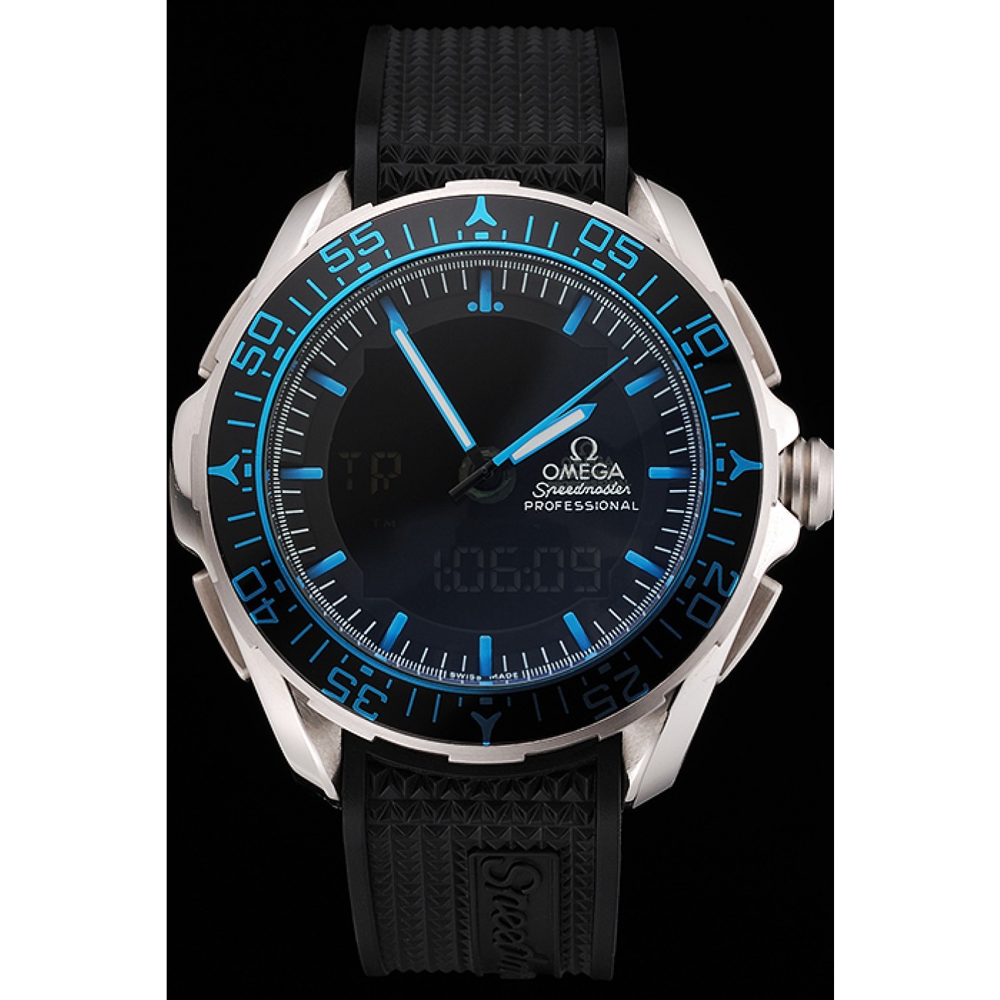 MiroTime Omega Speedmaster Skywalker X-33 Black Dial Blue On Black Bezel Stainless Steel Black Rubber Strap