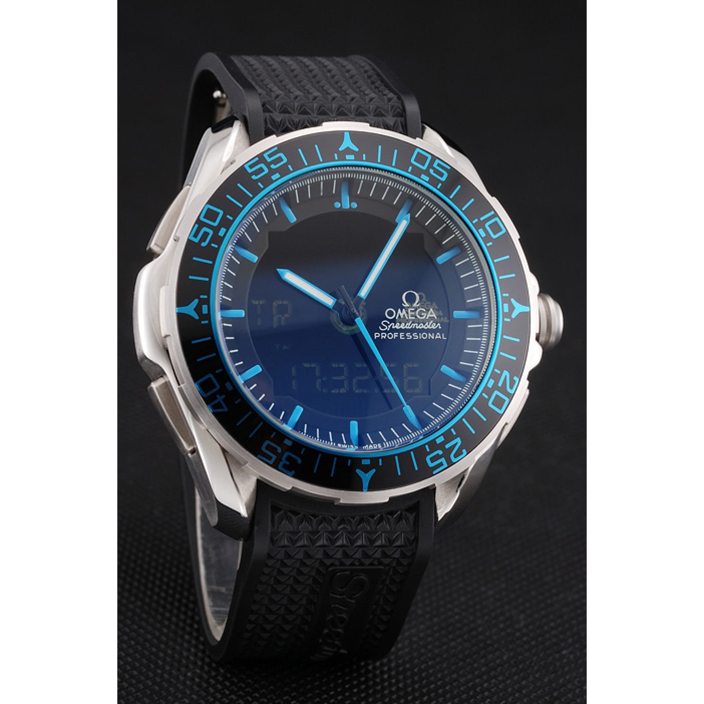MiroTime Omega Speedmaster Skywalker X-33 Black Dial Blue On Black Bezel Stainless Steel Black Rubber Strap