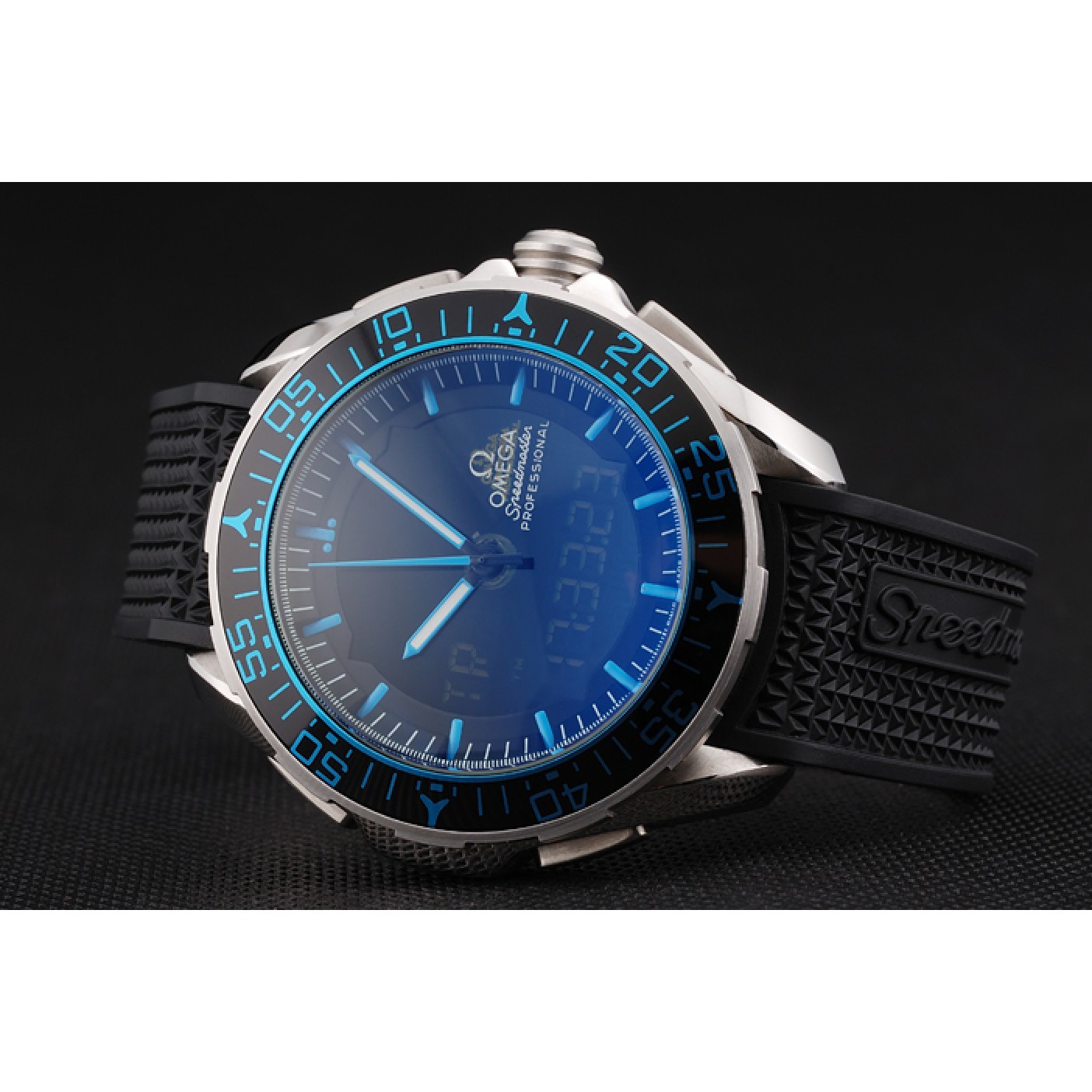 MiroTime Omega Speedmaster Skywalker X-33 Black Dial Blue On Black Bezel Stainless Steel Black Rubber Strap