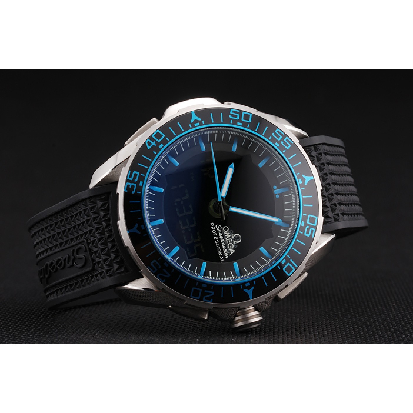 MiroTime Omega Speedmaster Skywalker X-33 Black Dial Blue On Black Bezel Stainless Steel Black Rubber Strap