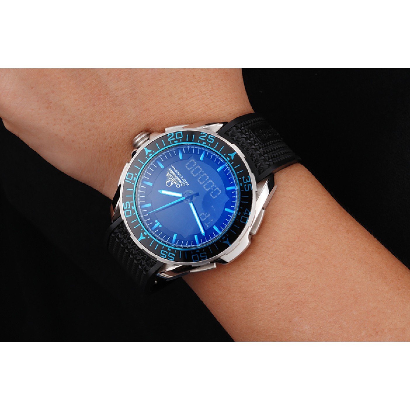 MiroTime Omega Speedmaster Skywalker X-33 Black Dial Blue On Black Bezel Stainless Steel Black Rubber Strap