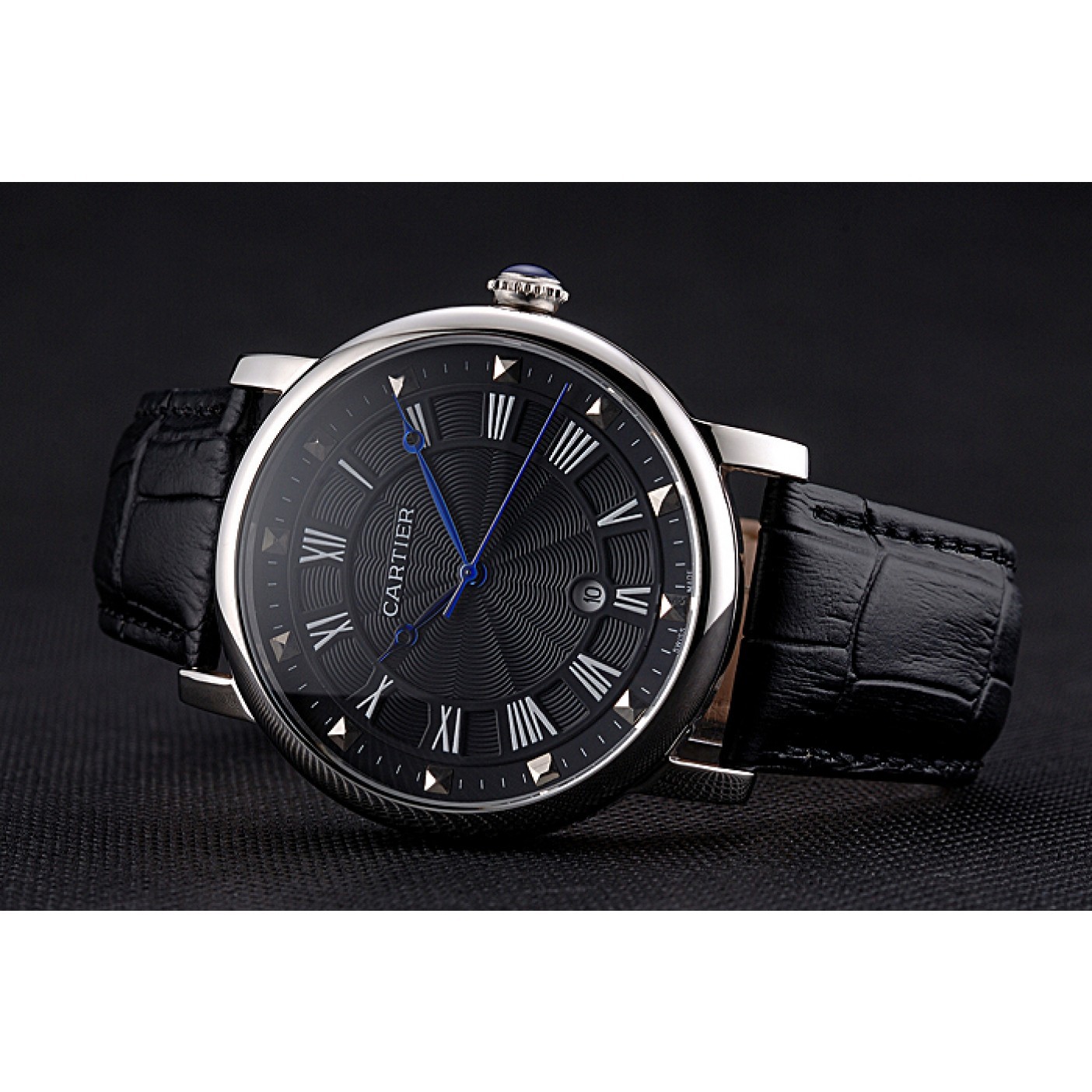 MiroTime Cartier Rotonde Date Black Dial Stainless Steel Case Black Leather Strap