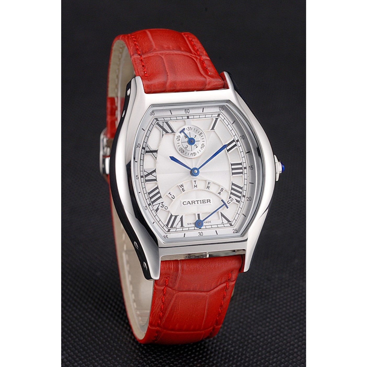MiroTime Cartier Tortue Perpetual Calendar White Dial Stainless Steel Case Red Leather Strap