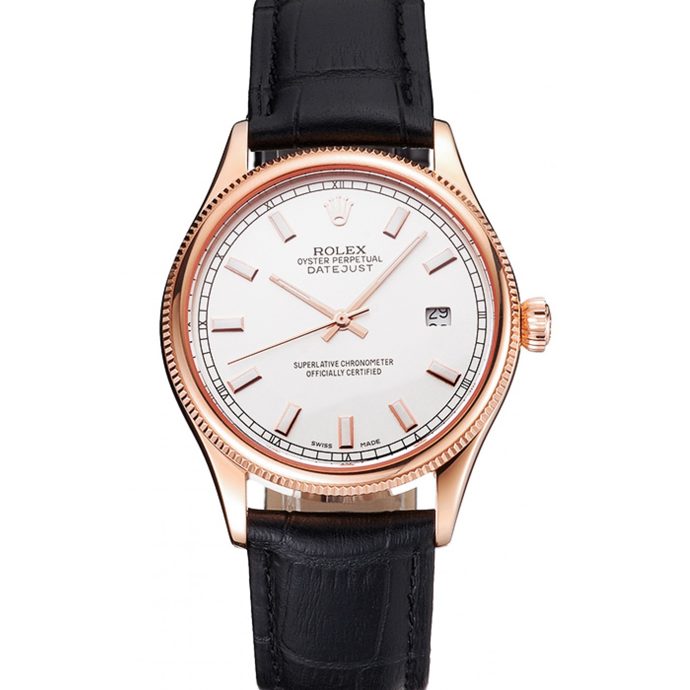 MiroTime Swiss Rolex Datejust White Dial Rose Gold Case Black Leather Strap