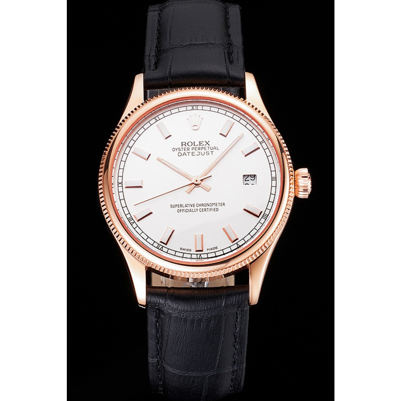 MiroTime Swiss Rolex Datejust White Dial Rose Gold Case Black Leather Strap