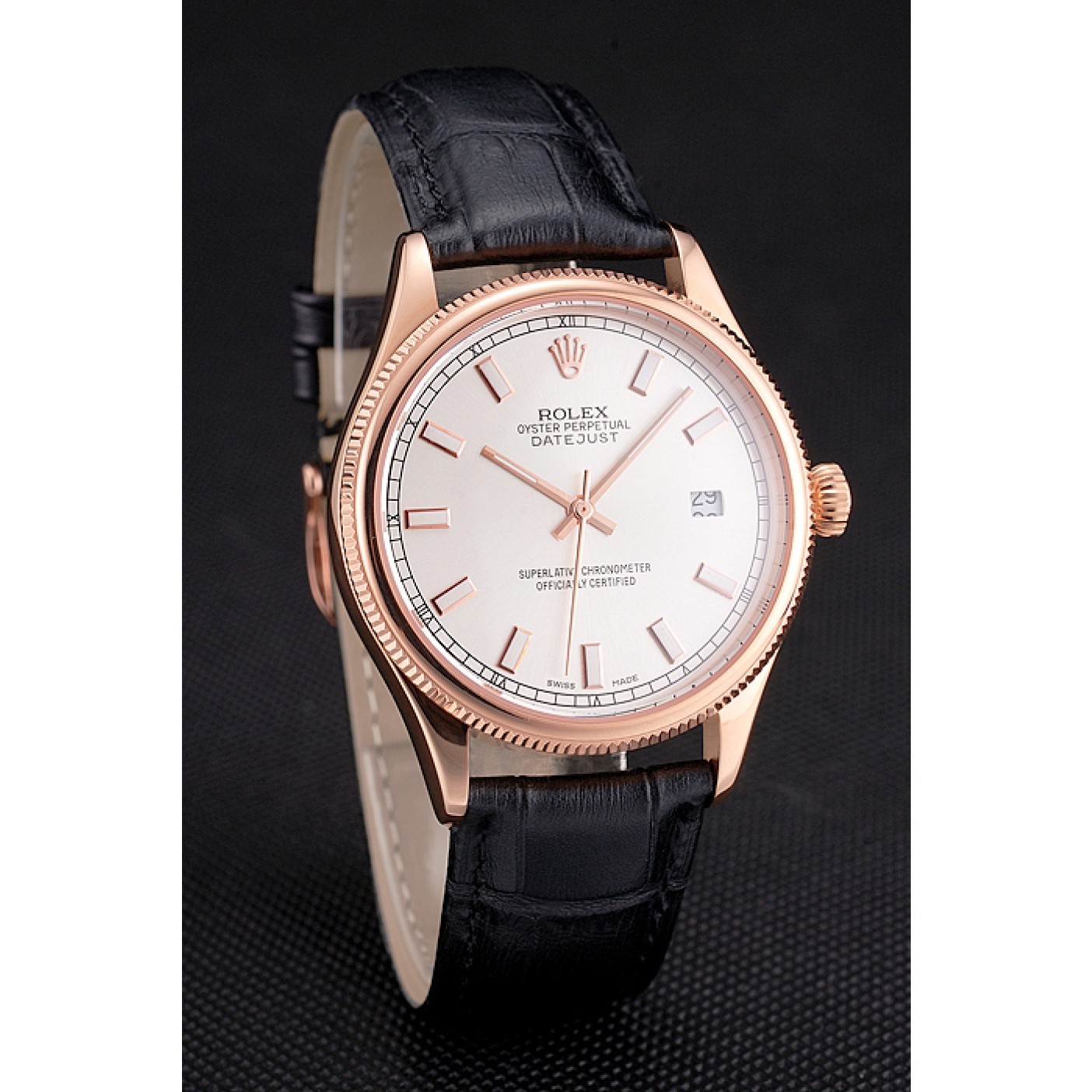 MiroTime Swiss Rolex Datejust White Dial Rose Gold Case Black Leather Strap