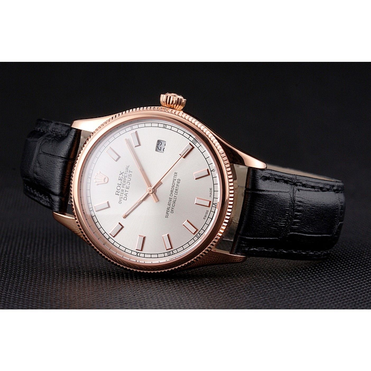 MiroTime Swiss Rolex Datejust White Dial Rose Gold Case Black Leather Strap