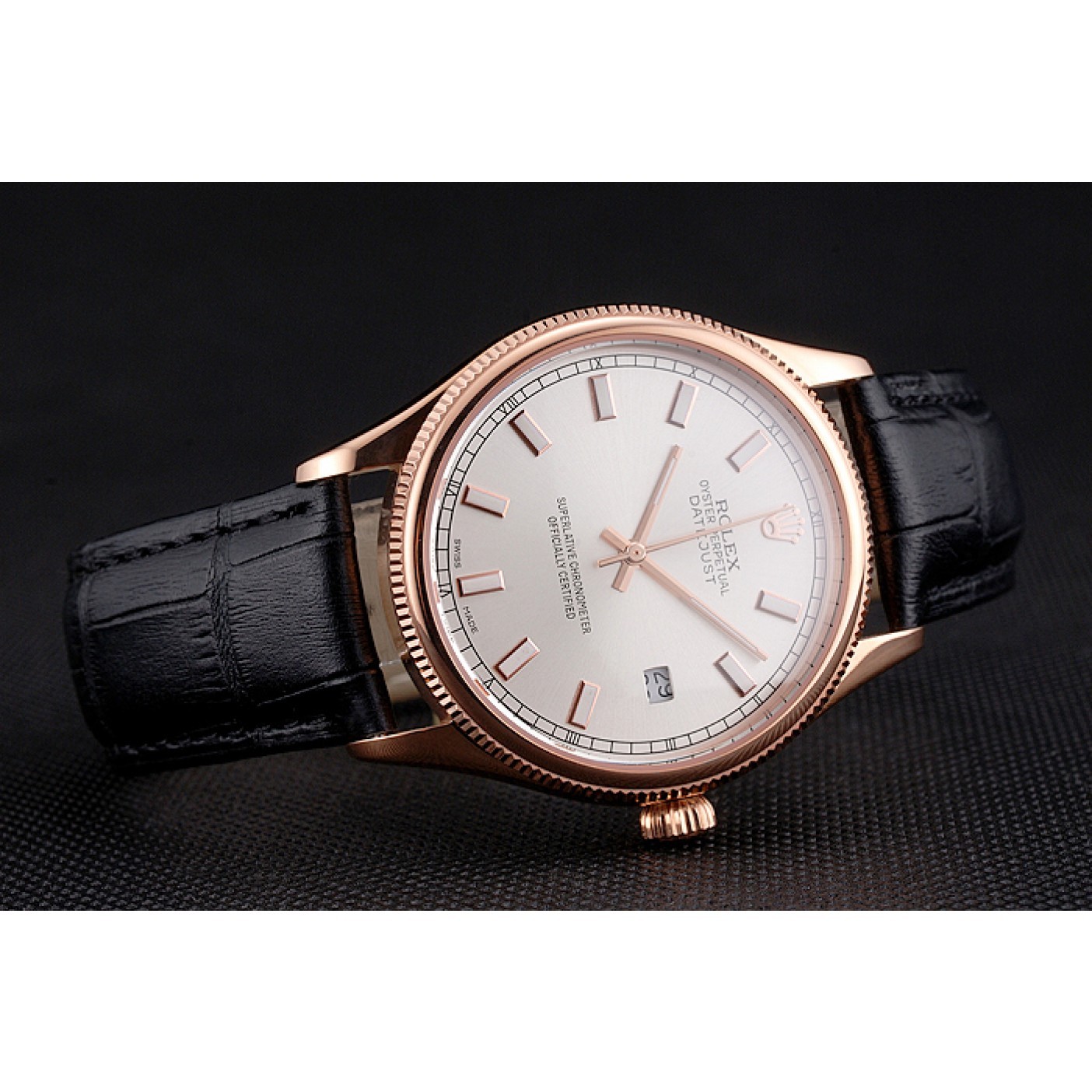 MiroTime Swiss Rolex Datejust White Dial Rose Gold Case Black Leather Strap