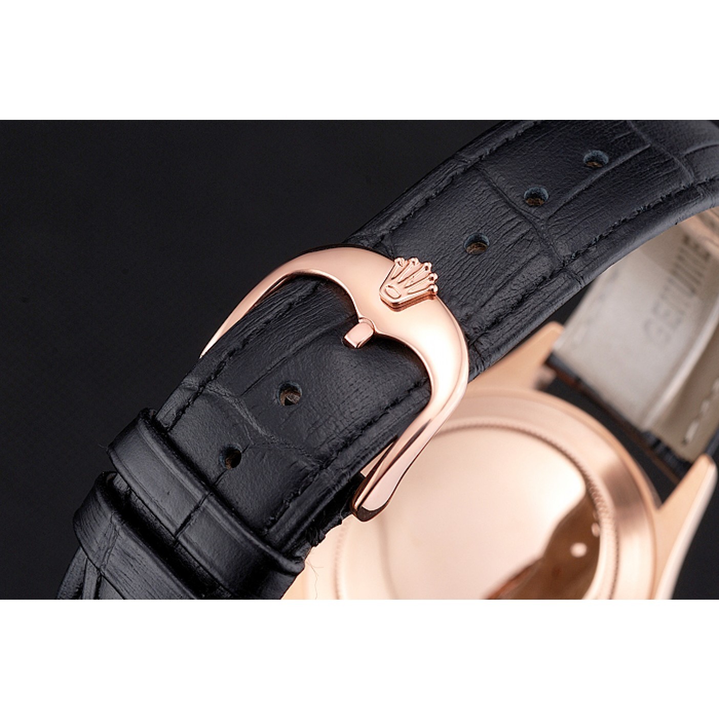 MiroTime Swiss Rolex Datejust White Dial Rose Gold Case Black Leather Strap