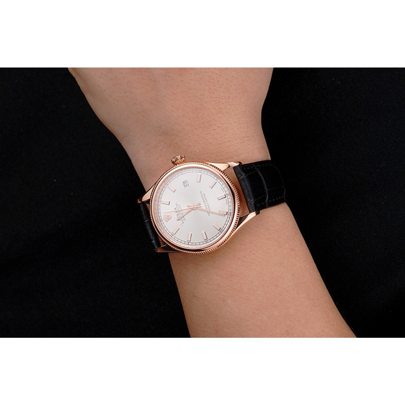 MiroTime Swiss Rolex Datejust White Dial Rose Gold Case Black Leather Strap