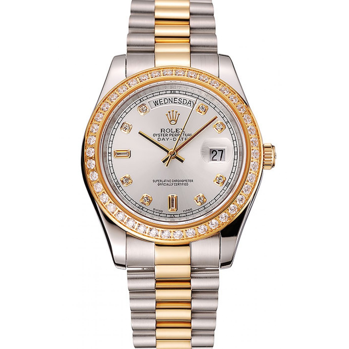 MiroTime Swiss Rolex Day-Date White Dial Gold Diamond Case Two Tone Stainless Steel Bracelet 1453972