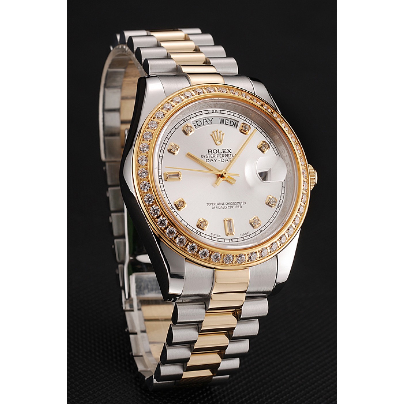 MiroTime Swiss Rolex Day-Date White Dial Gold Diamond Case Two Tone Stainless Steel Bracelet 1453972