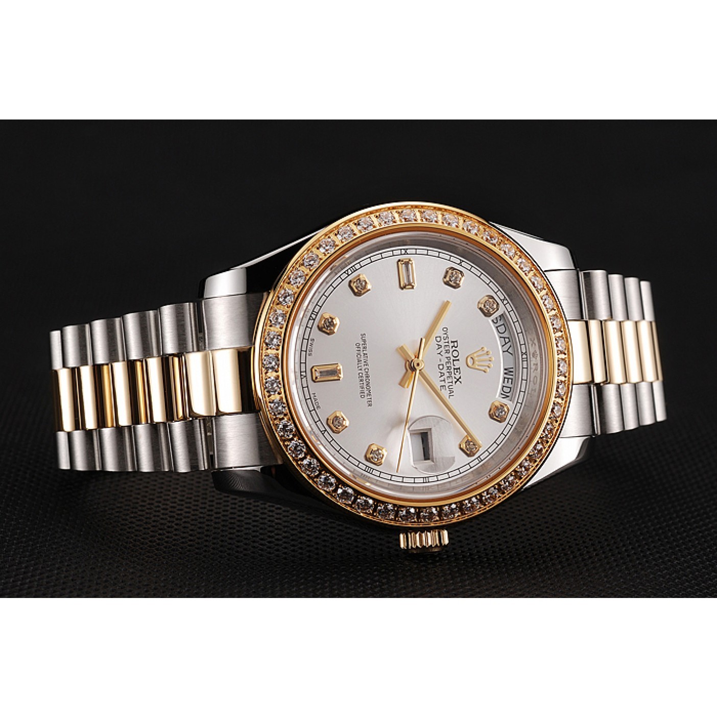 MiroTime Swiss Rolex Day-Date White Dial Gold Diamond Case Two Tone Stainless Steel Bracelet 1453972