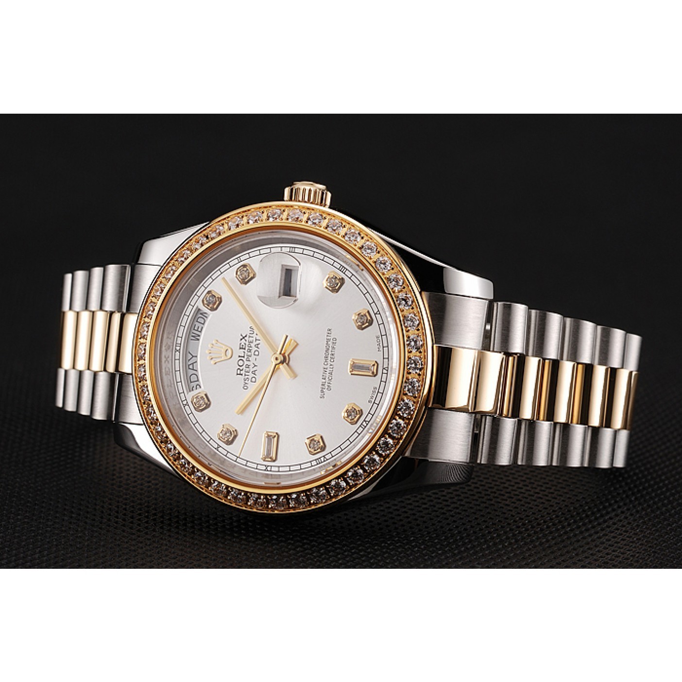 MiroTime Swiss Rolex Day-Date White Dial Gold Diamond Case Two Tone Stainless Steel Bracelet 1453972