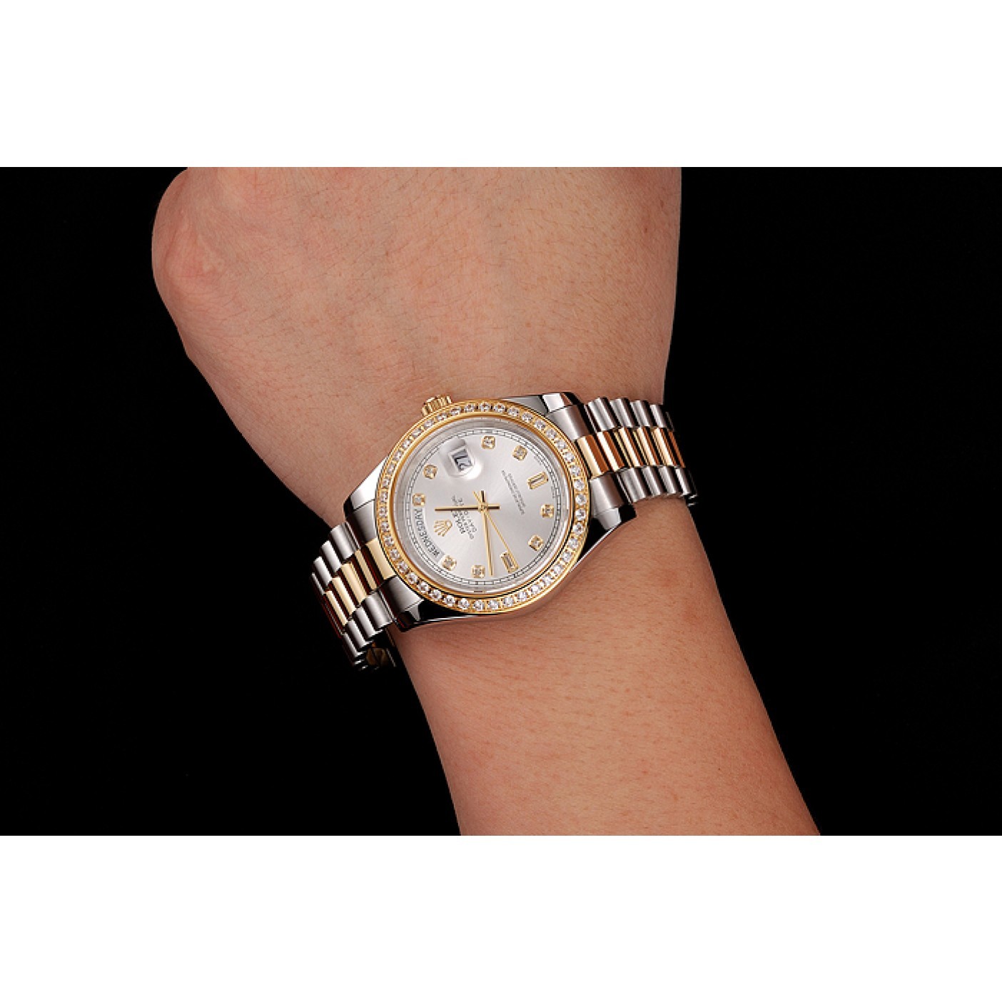 MiroTime Swiss Rolex Day-Date White Dial Gold Diamond Case Two Tone Stainless Steel Bracelet 1453972