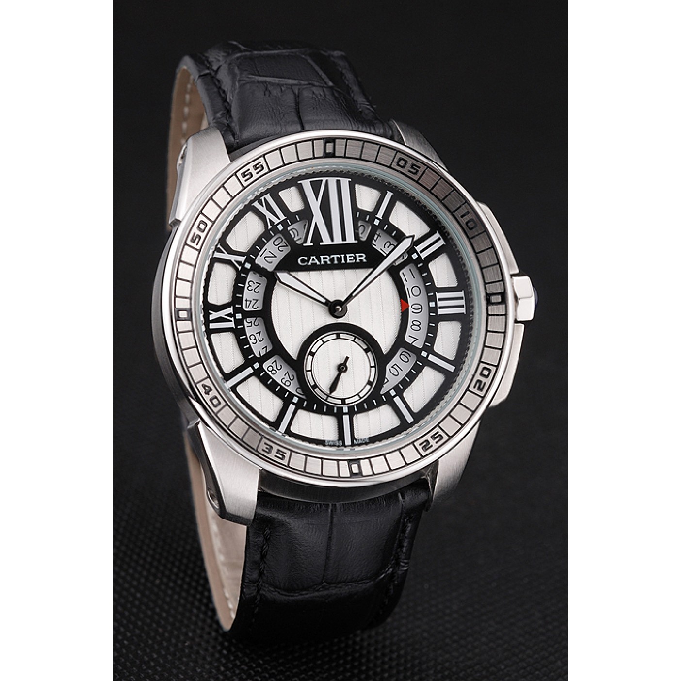 MiroTime Cartier Calibre De Cartier Small Seconds Black And White Dial Stainless Steel Case Black Leather Strap