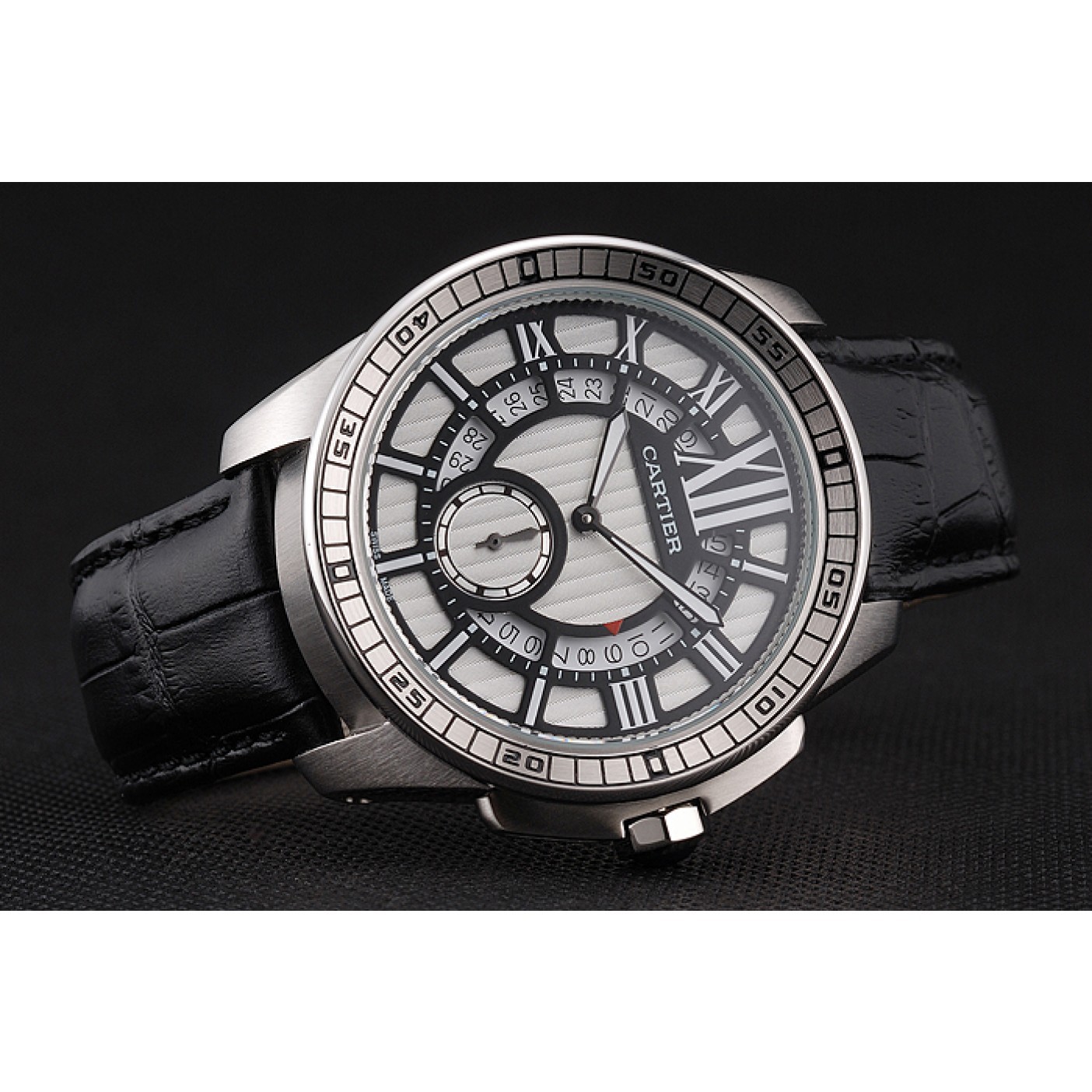 MiroTime Cartier Calibre De Cartier Small Seconds Black And White Dial Stainless Steel Case Black Leather Strap