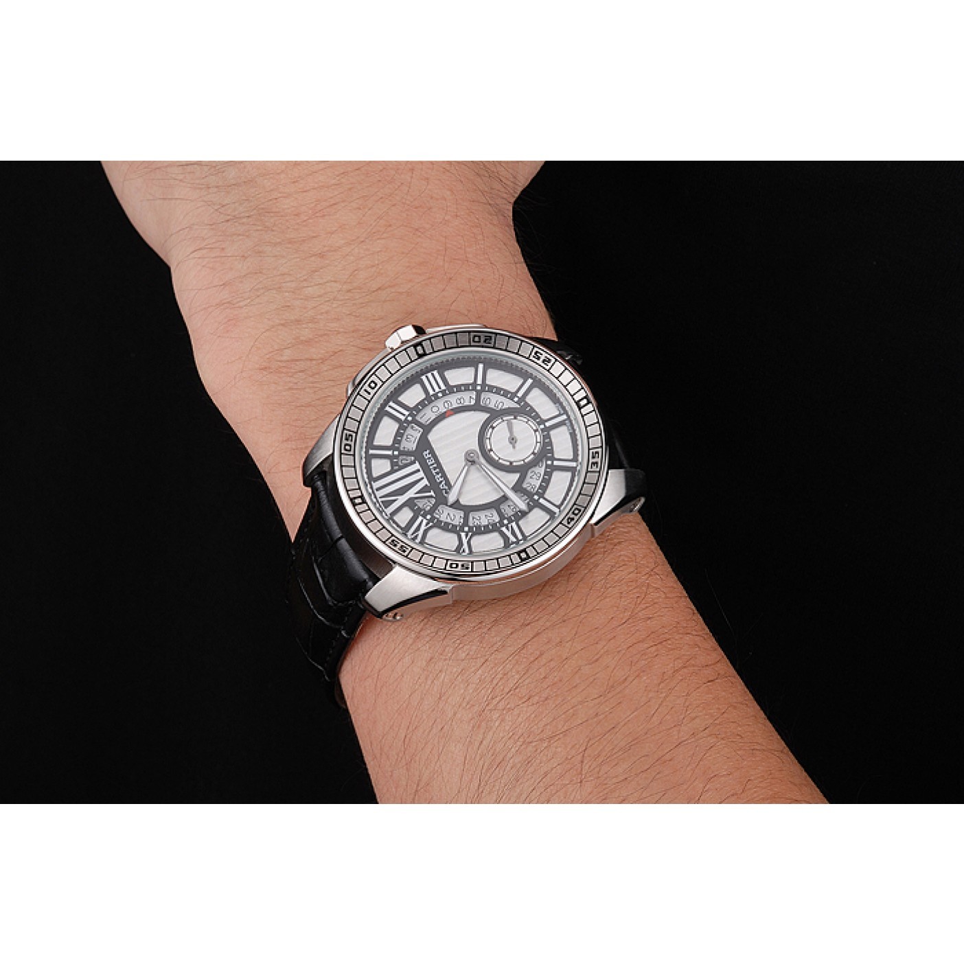 MiroTime Cartier Calibre De Cartier Small Seconds Black And White Dial Stainless Steel Case Black Leather Strap