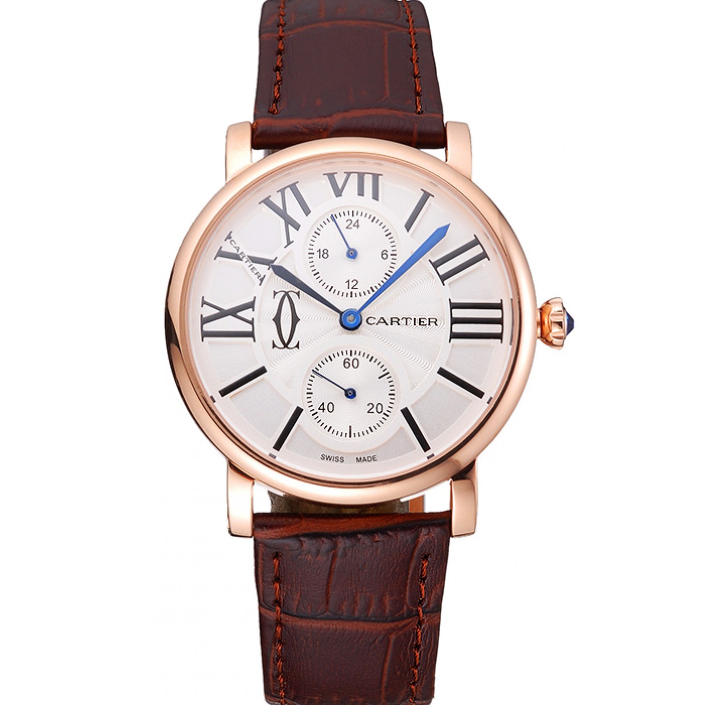 MiroTime Cartier Ronde Second Time Zone White Dial Gold Case Brown Leather Strap 622801