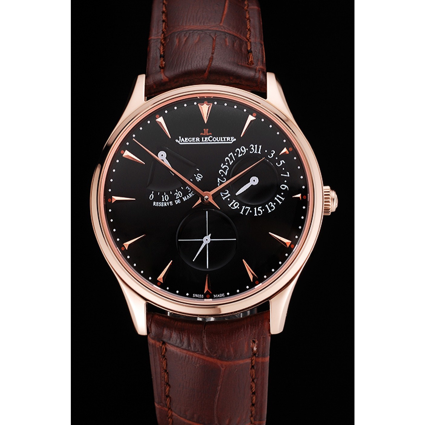 MiroTime Swiss Jaeger LeCoultre Master Ultra Thin Reserve De Marche Black Dial Rose Gold Case Brown Leather Strap