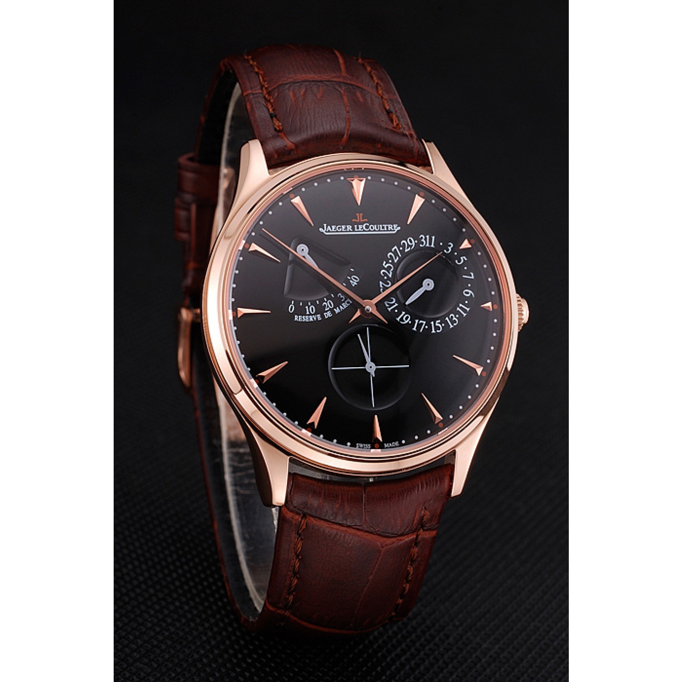 MiroTime Swiss Jaeger LeCoultre Master Ultra Thin Reserve De Marche Black Dial Rose Gold Case Brown Leather Strap