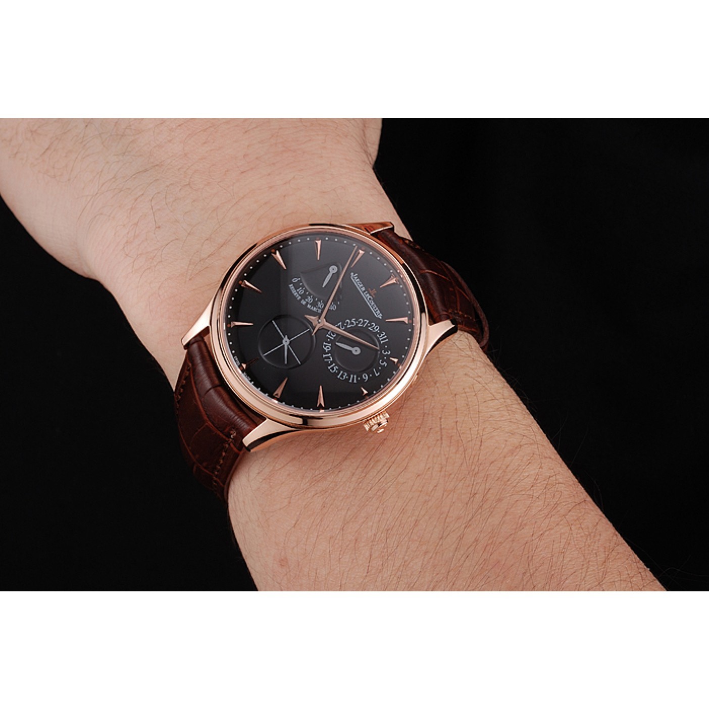 MiroTime Swiss Jaeger LeCoultre Master Ultra Thin Reserve De Marche Black Dial Rose Gold Case Brown Leather Strap