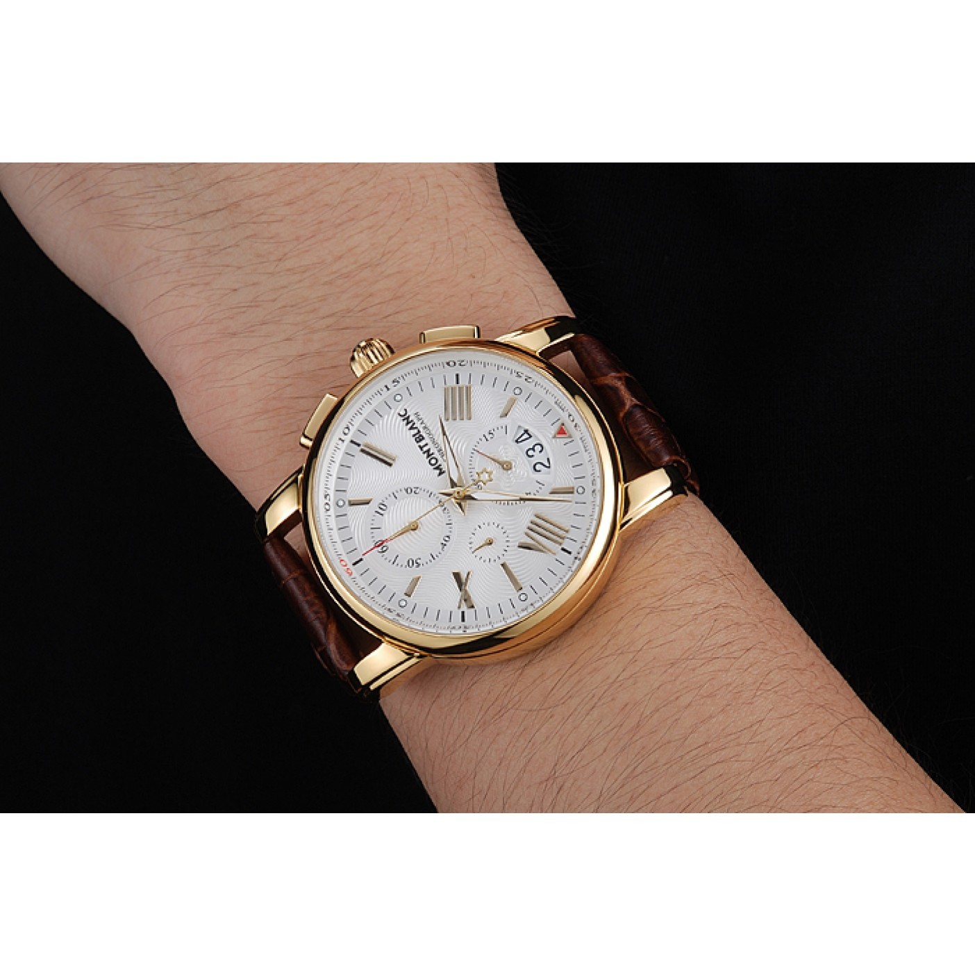MiroTime Montblanc Chronograph White Dial Brown Leather Bracelet Gold Case 1454113
