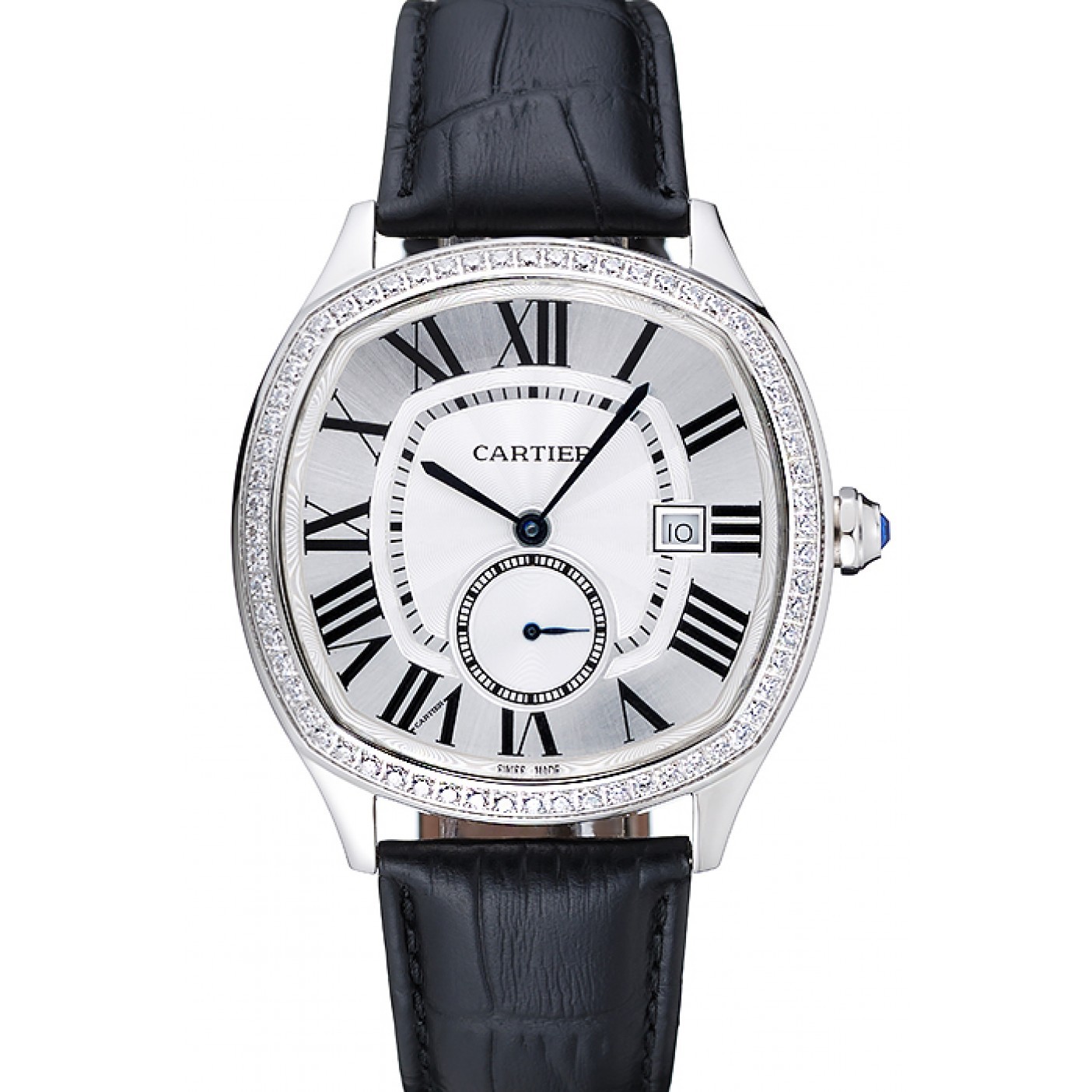 MiroTime Cartier Drive De Cartier White Dial Silver Diamond Case Black Leather Bracelet 1454215