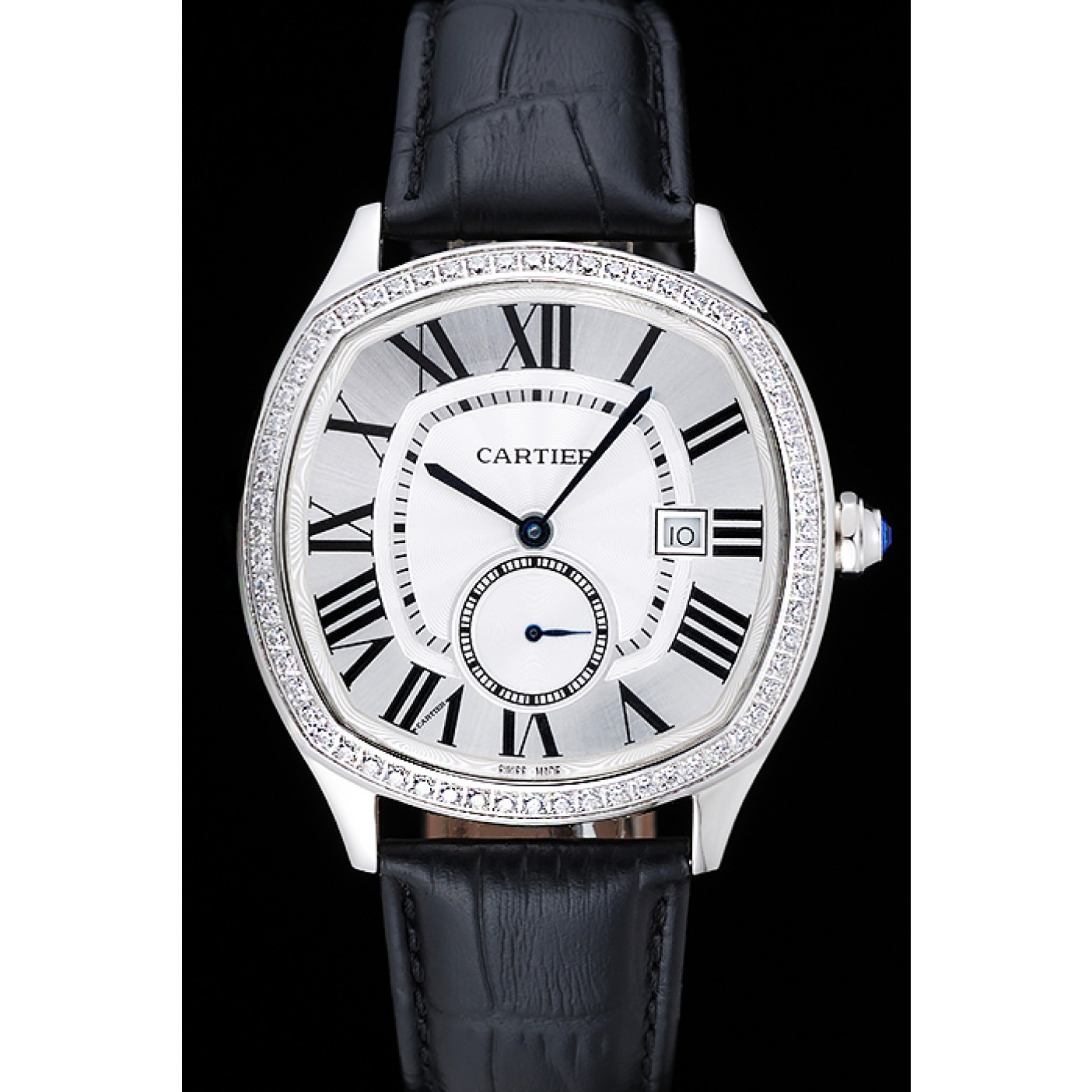 MiroTime Cartier Drive De Cartier White Dial Silver Diamond Case Black Leather Bracelet 1454215