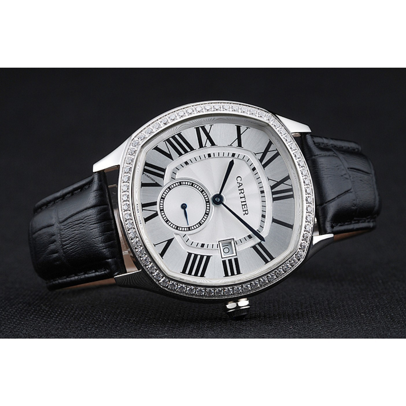 MiroTime Cartier Drive De Cartier White Dial Silver Diamond Case Black Leather Bracelet 1454215