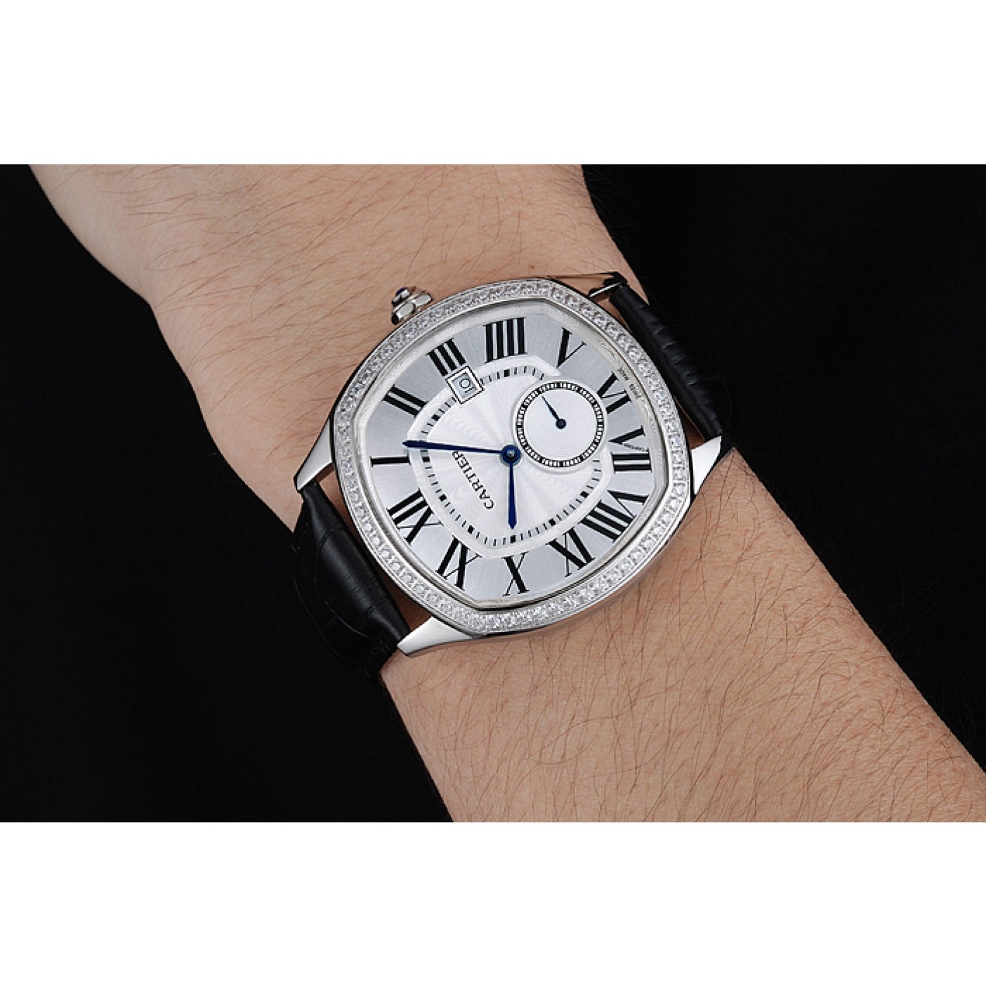 MiroTime Cartier Drive De Cartier White Dial Silver Diamond Case Black Leather Bracelet 1454215
