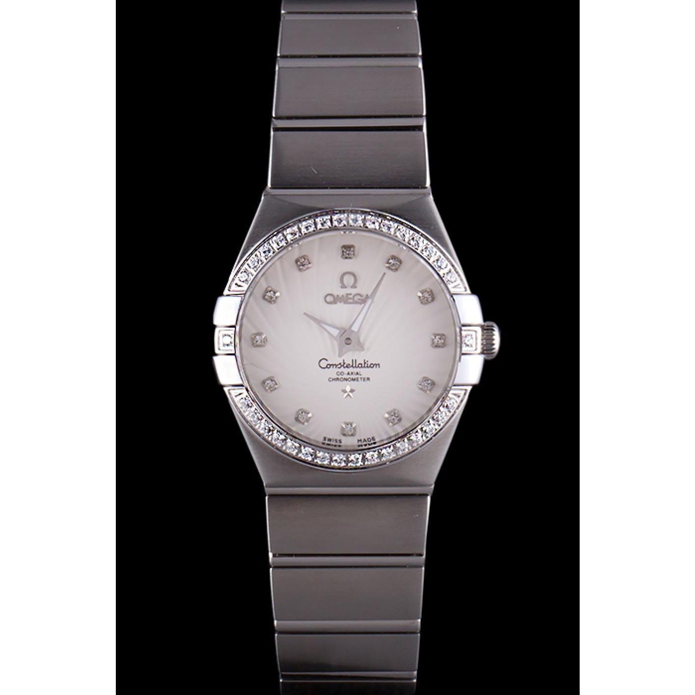 MiroTime Swiss Lady Omega Constellation Crystal Encrusted Bezel Silver Radial Dial 80291