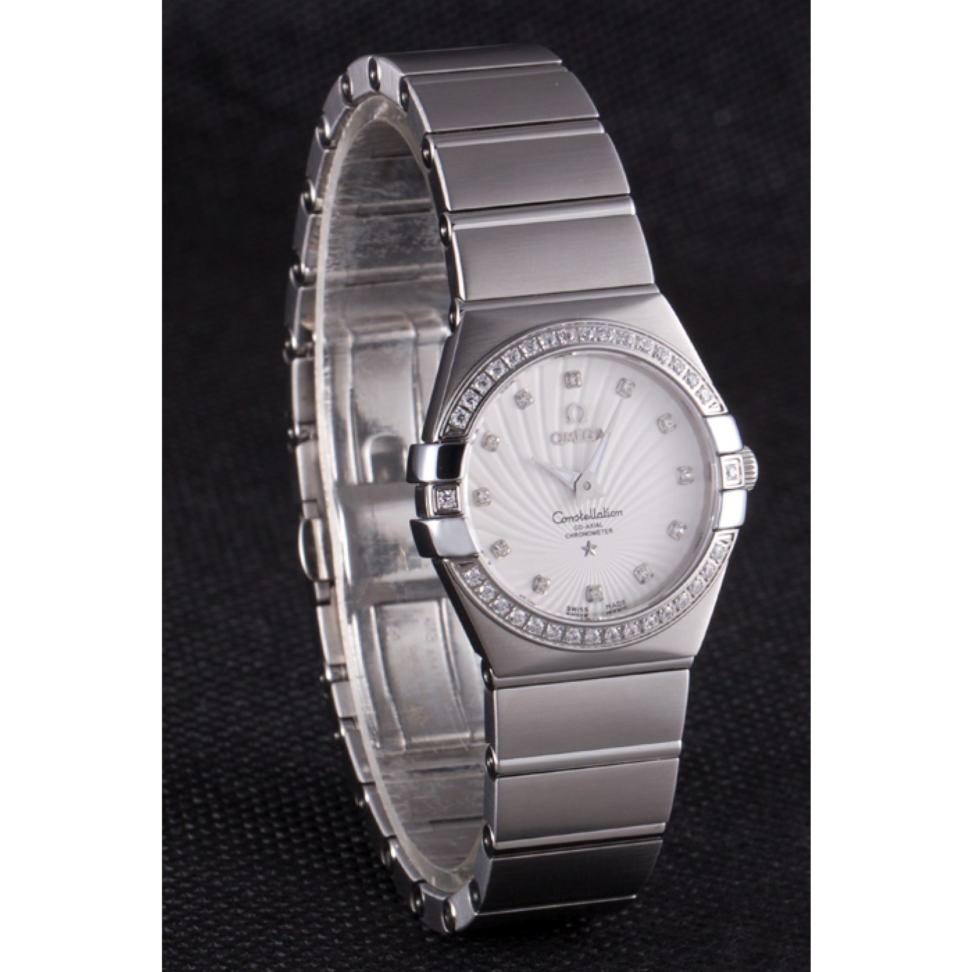 MiroTime Swiss Lady Omega Constellation Crystal Encrusted Bezel Silver Radial Dial 80291