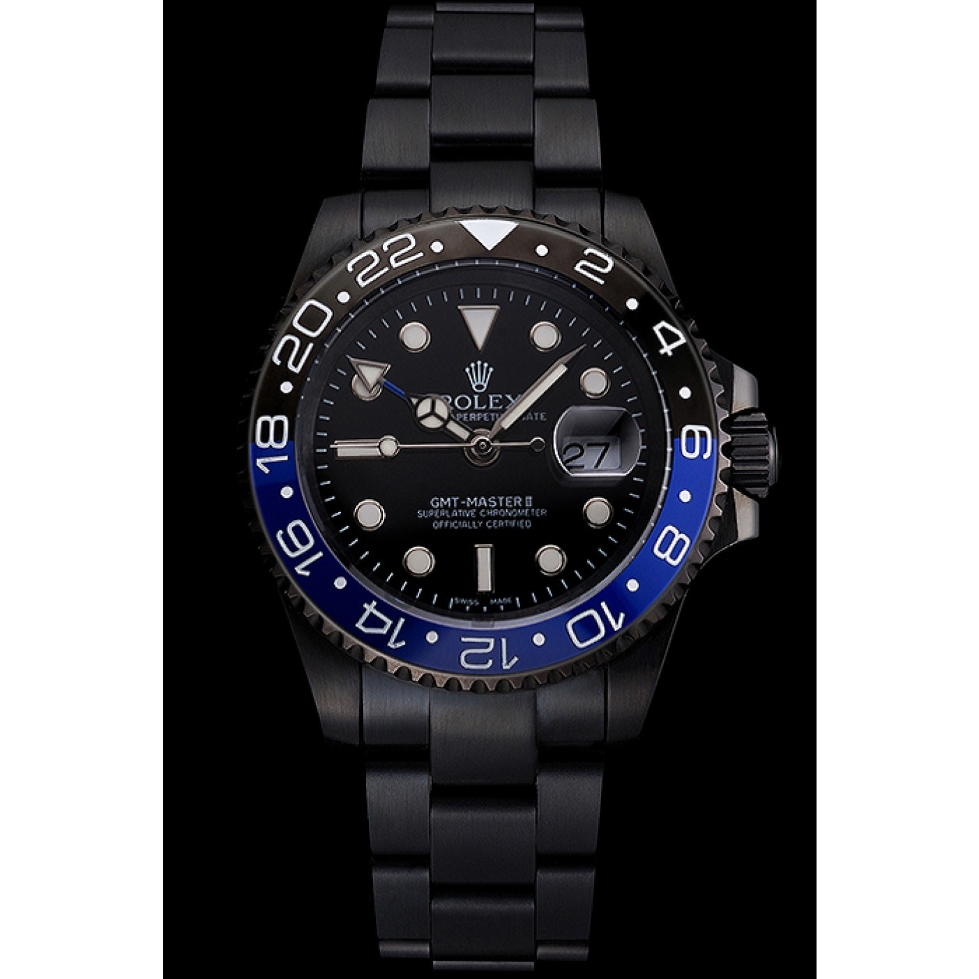MiroTime Swiss Rolex GMT Master II Black Dial Blue And Black Bezel Black PVD Case And Bracelet