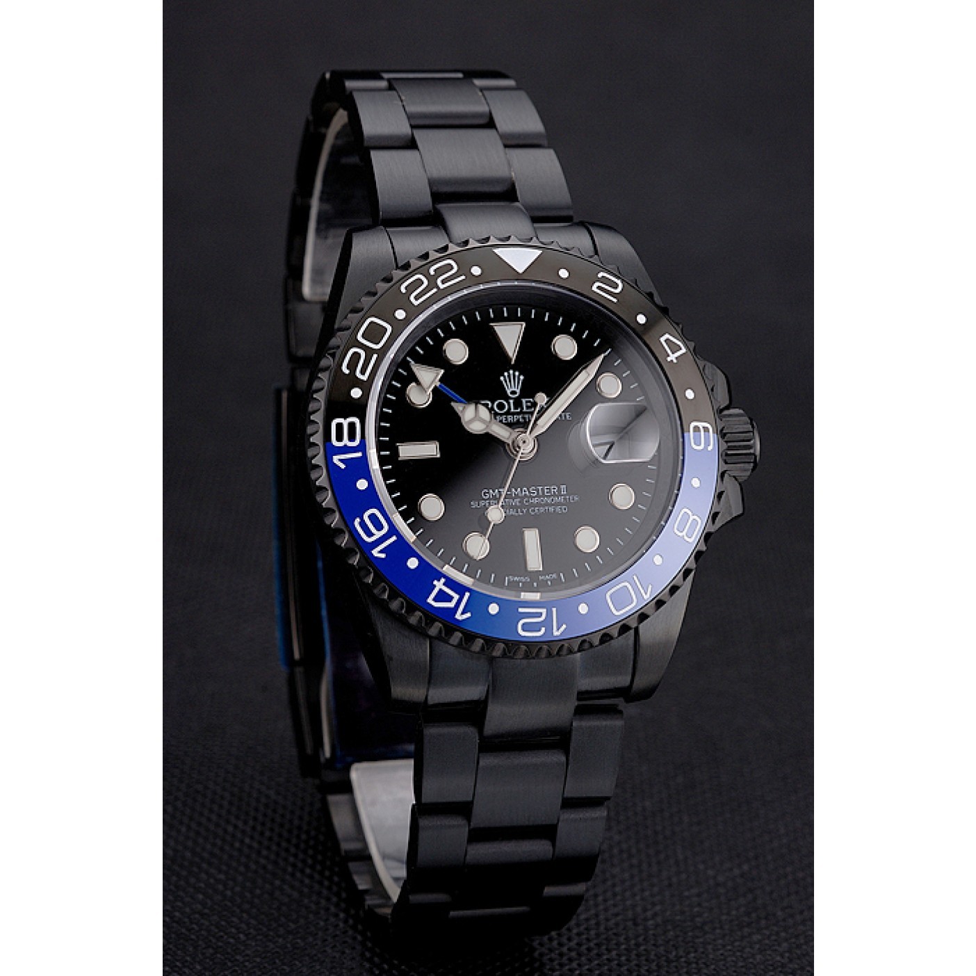 MiroTime Swiss Rolex GMT Master II Black Dial Blue And Black Bezel Black PVD Case And Bracelet