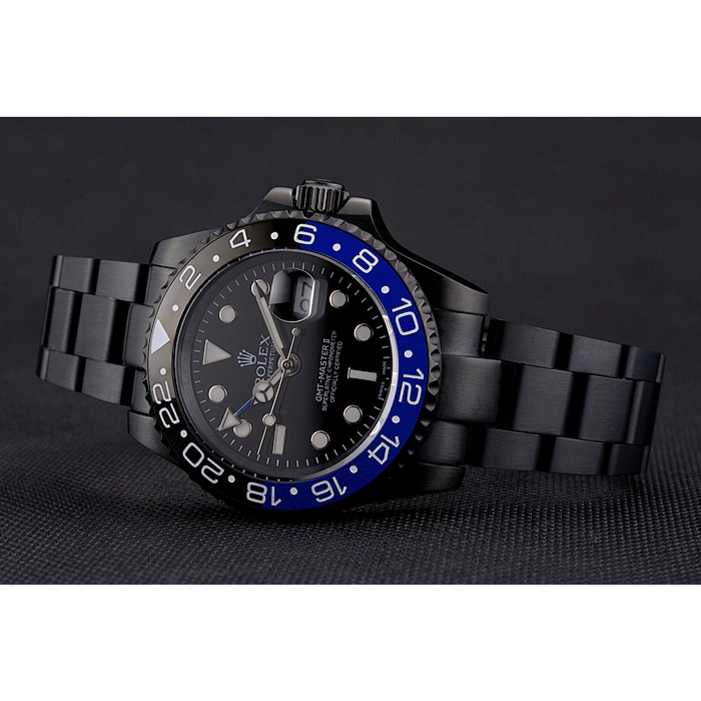 MiroTime Swiss Rolex GMT Master II Black Dial Blue And Black Bezel Black PVD Case And Bracelet
