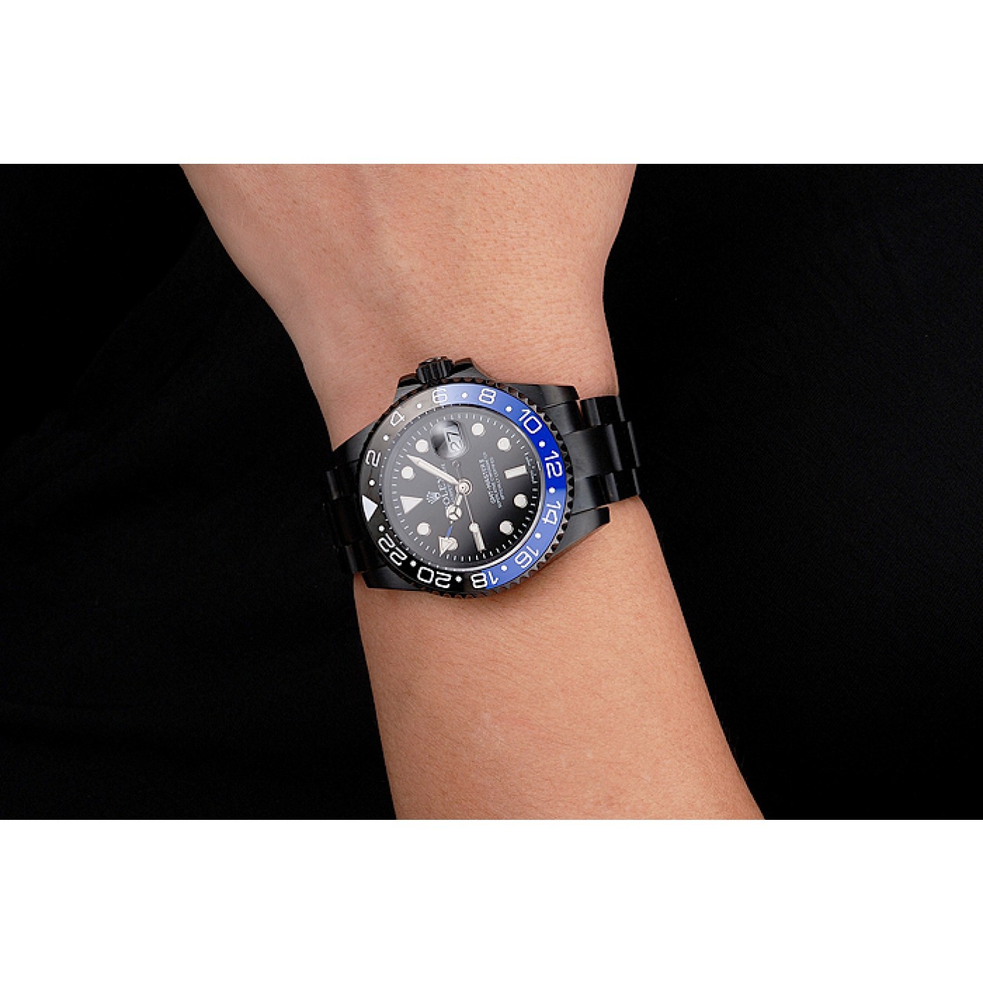 MiroTime Swiss Rolex GMT Master II Black Dial Blue And Black Bezel Black PVD Case And Bracelet