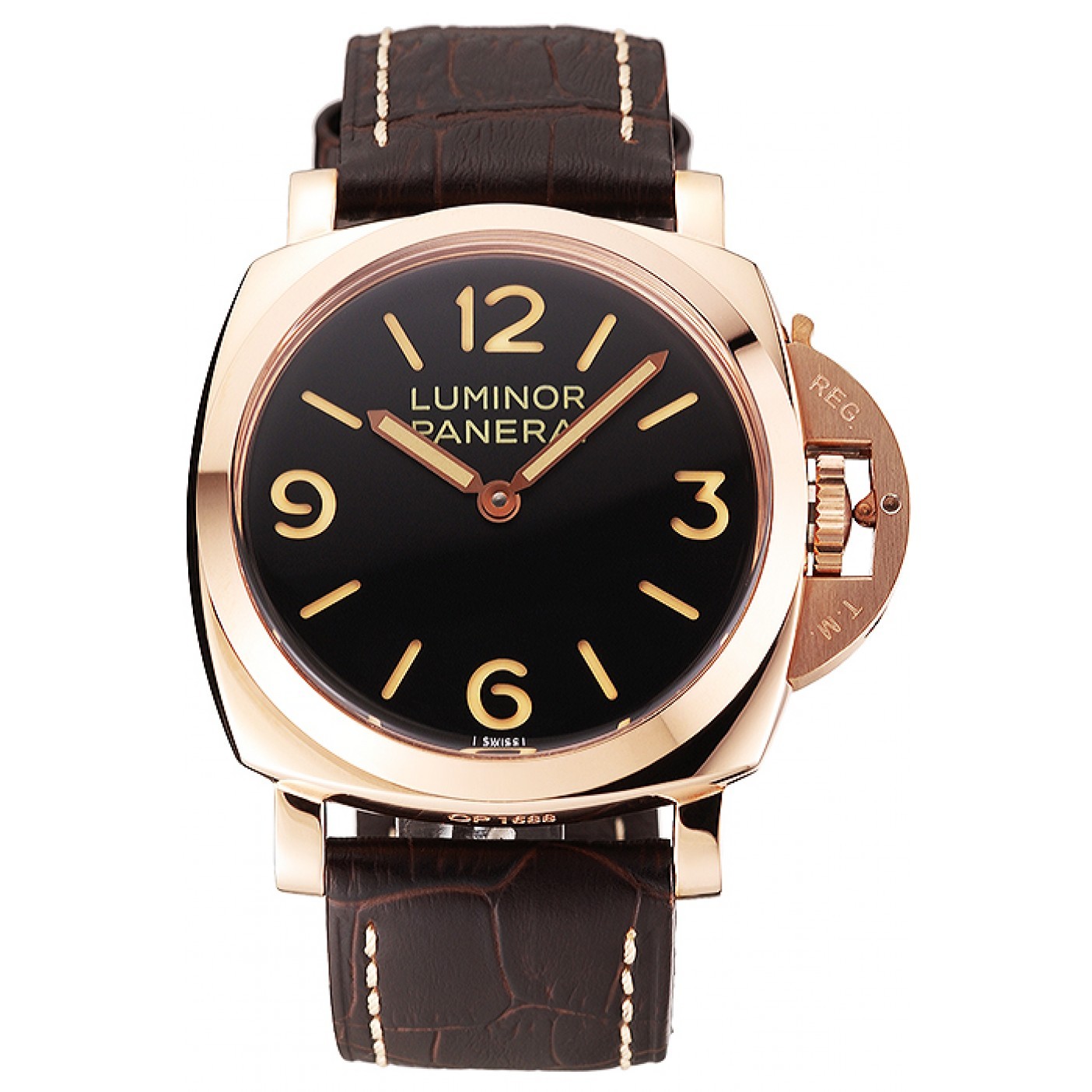 MiroTime Swiss Panerai Luminor Black Dial Rose Gold Case Brown Leather Strap 1453842