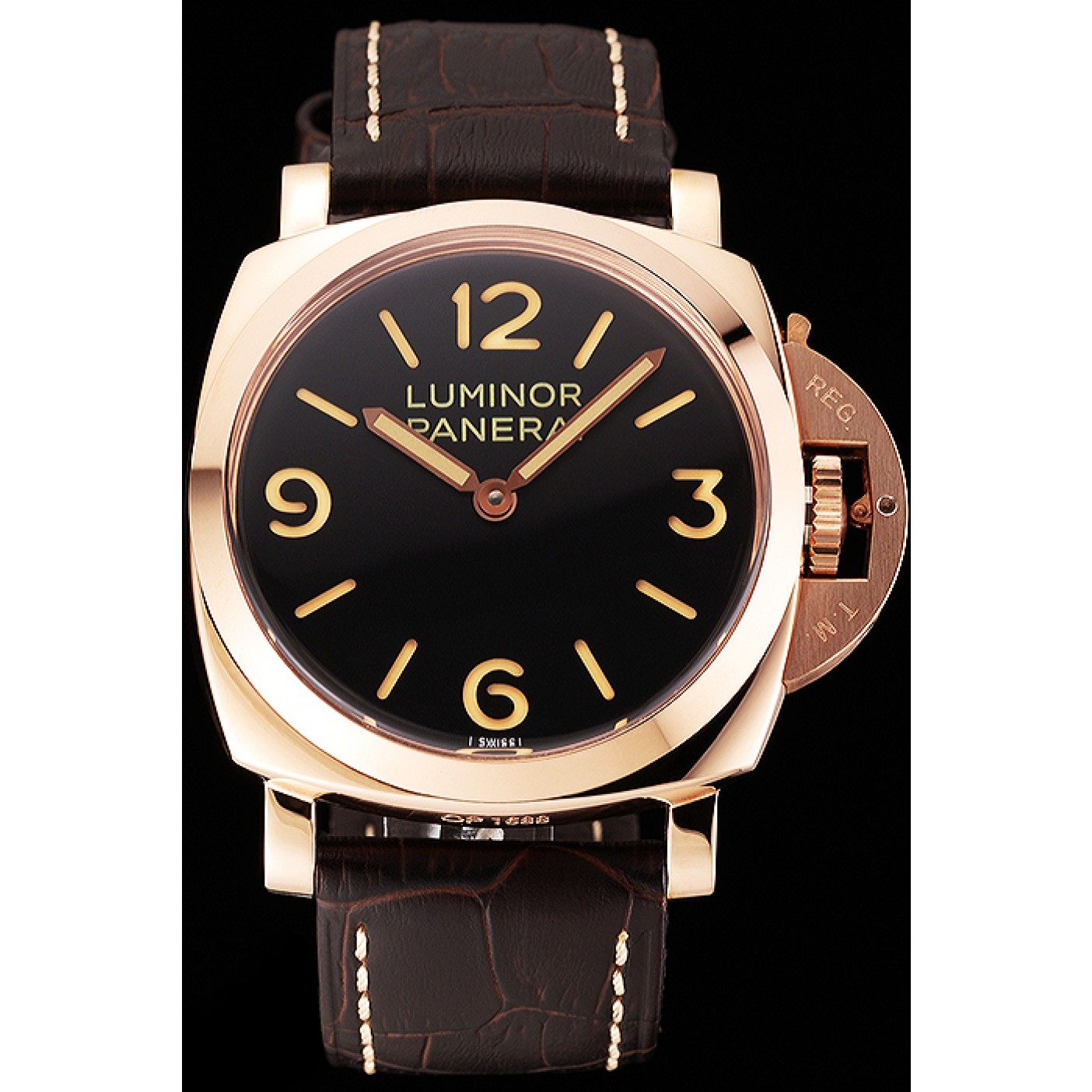 MiroTime Swiss Panerai Luminor Black Dial Rose Gold Case Brown Leather Strap 1453842
