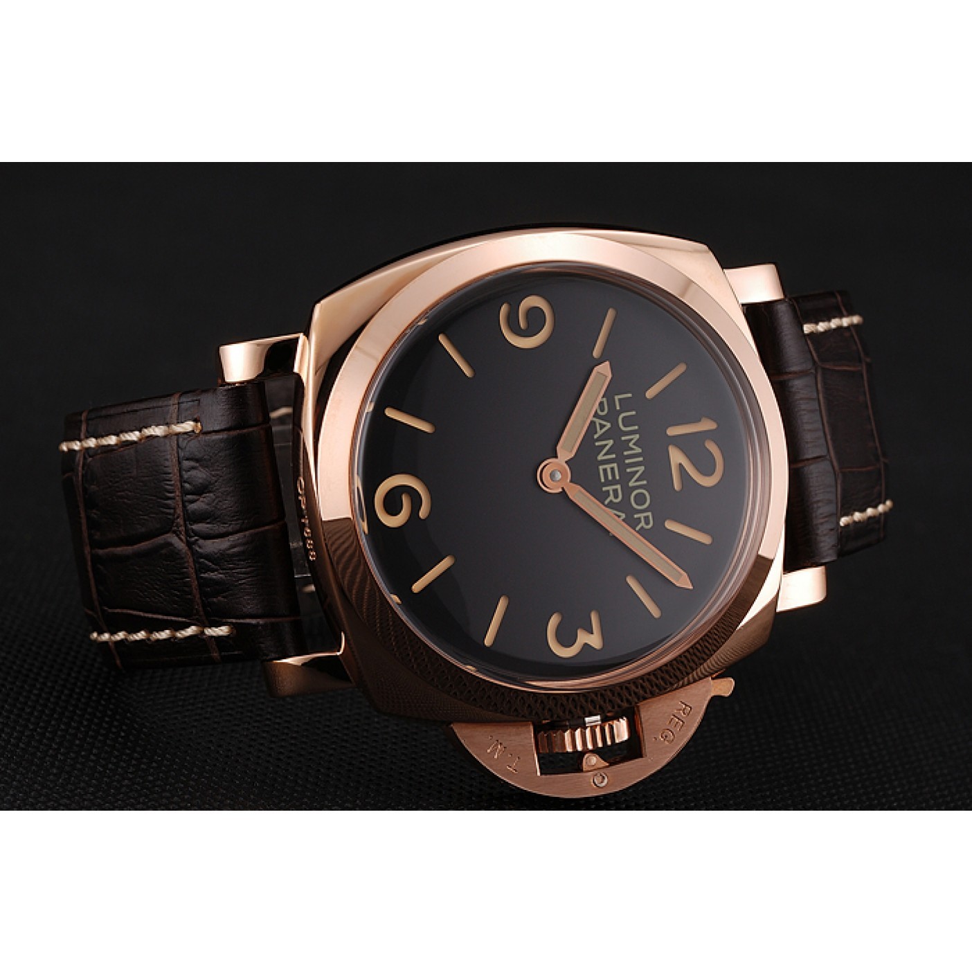 MiroTime Swiss Panerai Luminor Black Dial Rose Gold Case Brown Leather Strap 1453842