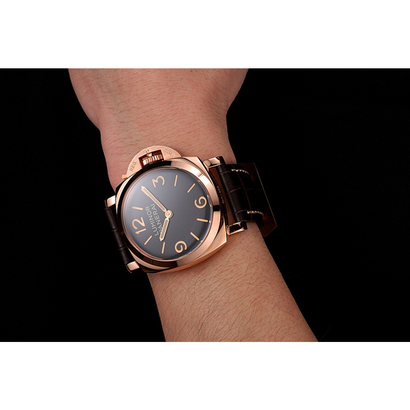 MiroTime Swiss Panerai Luminor Black Dial Rose Gold Case Brown Leather Strap 1453842