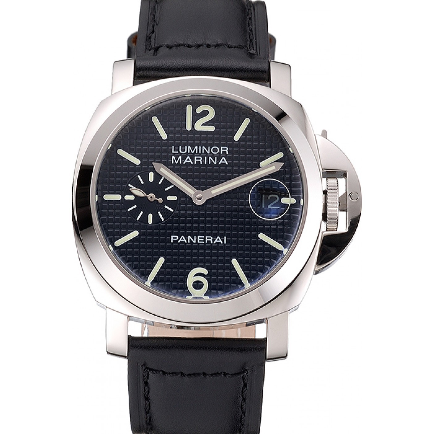 MiroTime Panerai Luminor Marina Date Black Hobnail Pattern Dial Stainless Steel Case Black Leather Strap