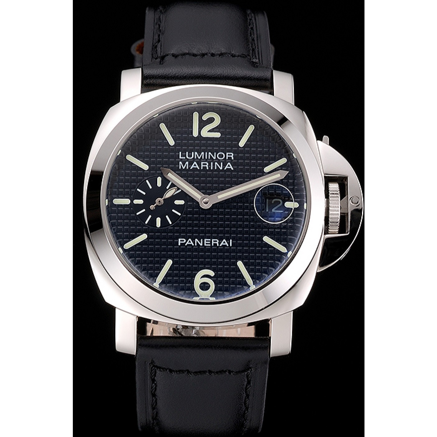 MiroTime Panerai Luminor Marina Date Black Hobnail Pattern Dial Stainless Steel Case Black Leather Strap