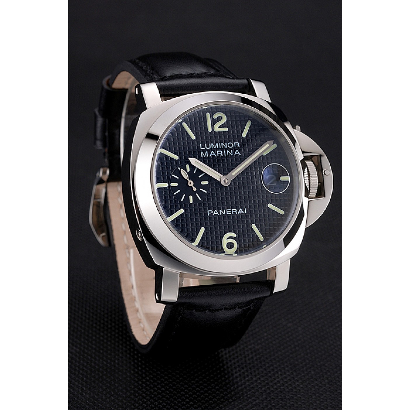 MiroTime Panerai Luminor Marina Date Black Hobnail Pattern Dial Stainless Steel Case Black Leather Strap