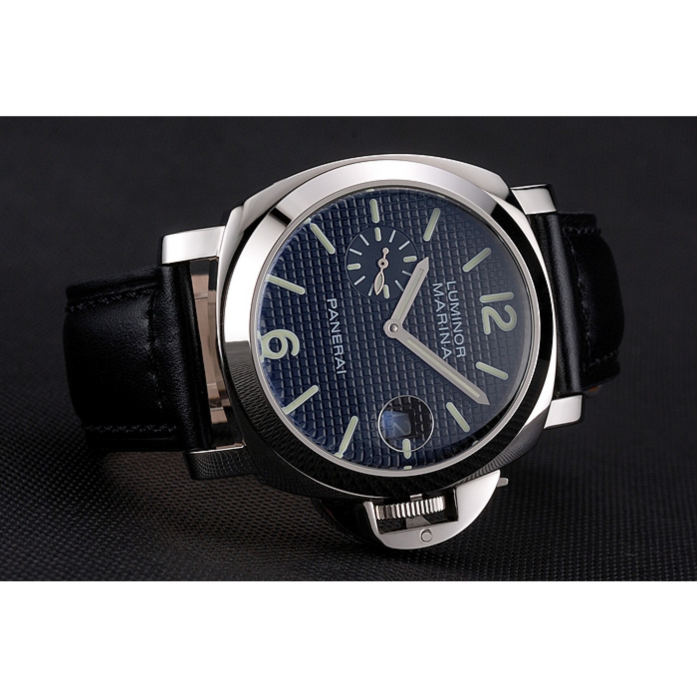 MiroTime Panerai Luminor Marina Date Black Hobnail Pattern Dial Stainless Steel Case Black Leather Strap