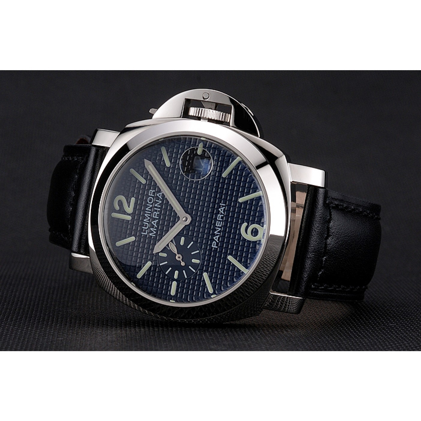 MiroTime Panerai Luminor Marina Date Black Hobnail Pattern Dial Stainless Steel Case Black Leather Strap